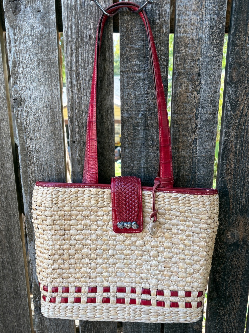 Brighton Vintage Woven Raffia Tote Shoulder Bag with Red Leather Trim & Hearts